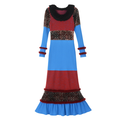 新中式原创毛领丝绒拼接连衣裙