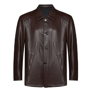 皮尔卡丹真皮皮衣男加绒翻领绵羊皮中长款单排扣中老年爸爸装外套