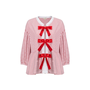 Bettychow 精纺棉红白条纹蝴蝶结衬衫上衣度假风法式时髦娃娃衫
