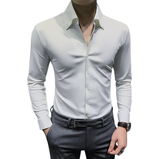 2026新款高级V领衬衫男长袖法式大领修身衬衣痞帅一片领商务男装