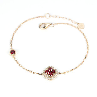 G18K玫瑰金天然鸽血红宝石四叶草手链 黄金钻石可调节时尚女款
