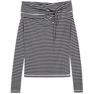 落落狷介 条纹T恤女2025年新款设计感小众一字肩上衣小个子长袖