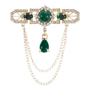 宫延风气质水钻合金绿宝石链条胸针女旗袍外套西装毛衣百搭配饰品