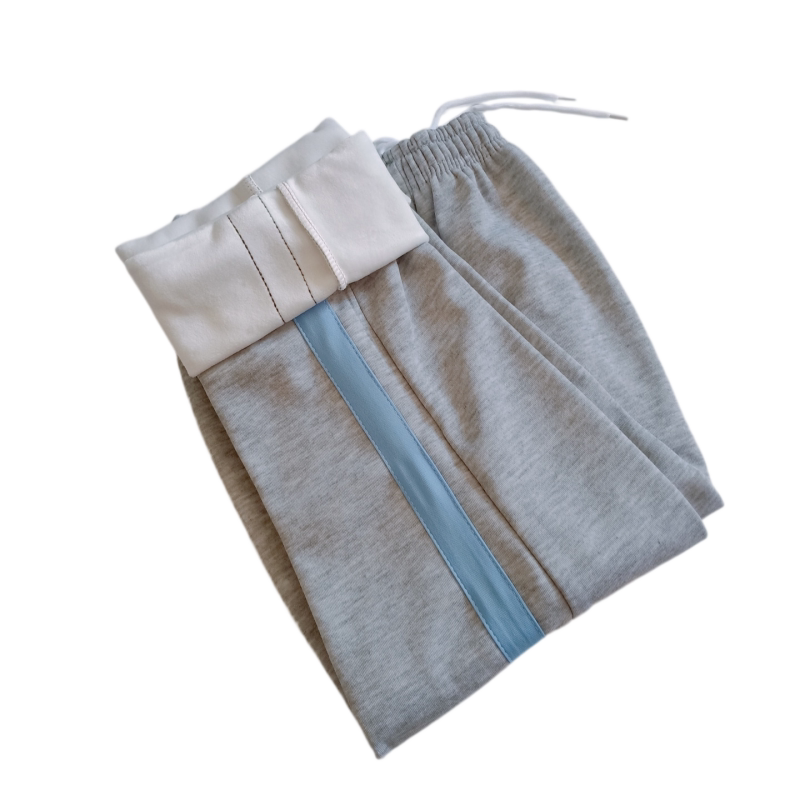 浅灰色冬季加绒浅蓝条宽杠校服裤