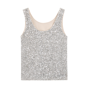 pusumede 金光闪闪 亮片高级感吊带背心女弹力网纱气质无袖上衣
