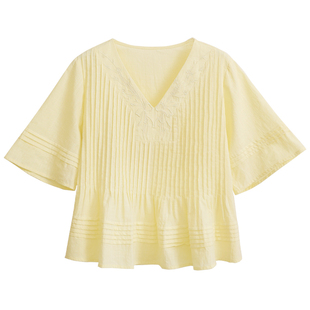 花吉C153柠檬黄V领刺绣风琴褶短袖纯棉娃娃衫女2026新款春衬衫