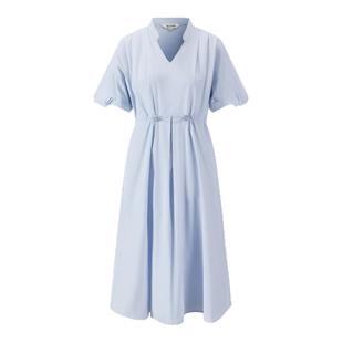 DTLANDO夏季女装清新淡雅收腰抽绳设计师品牌100%棉V领连衣裙子