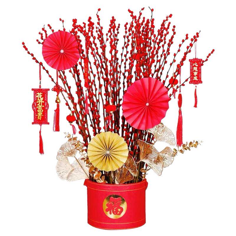 银柳真花鲜枝抱抱福桶喜庆年宵花卉盆栽室内红色干花水培植物雪柳