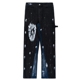 新因素宽松直筒高街泼墨牛仔裤男李岱昆同款潮流美式炸街黑色裤子