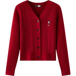 森马迪士尼合作系列针织开衫女春季短款V领绞花刺绣毛衫时尚上衣