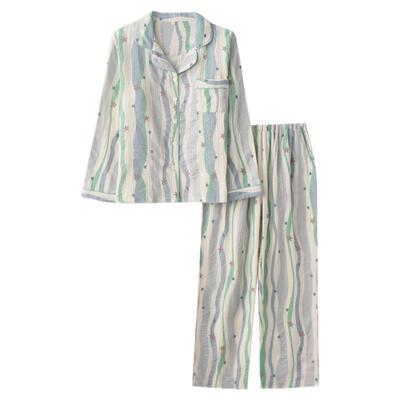 女纯棉纱布蓝条多巴胺春夏家居服