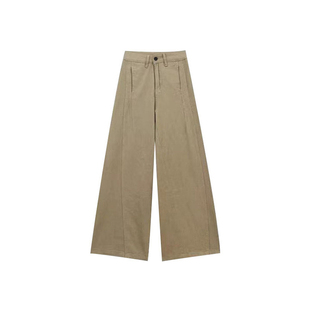 卡其色阔腿工装老钱风弯刀裤女春季穿搭大码宽松直筒松弛感休闲裤