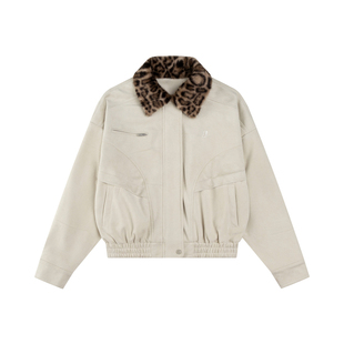 DHSS美式复古麂皮可拆卸豹纹毛领夹克男女宽松秋冬情侣休闲外套