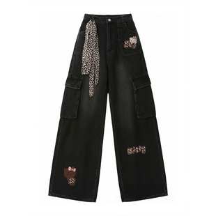 胖mm大码甜酷风黑色加绒牛仔裤女加厚设计美式ins多口袋阔腿裤子