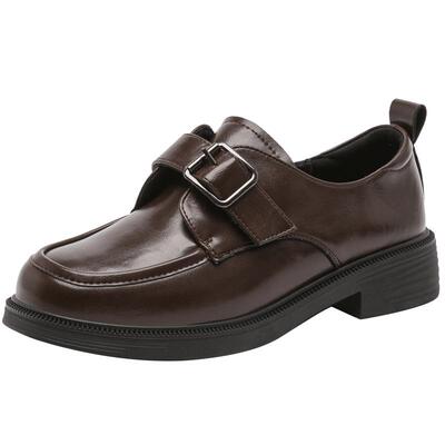 大东乐福鞋女鞋2025年冬季新款英伦粗跟中跟魔术贴圆头饰扣