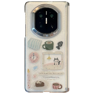 适用华为mateX7折叠屏手机壳xts透明双中轴保护套MateX6x5x3典藏版可爱猫咪diy贴纸三星ZFlod765链条防摔男女