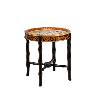 卡斯特兰美式田园乡村花鸟小圆桌实木沙发边几圆形茶几角几6275F