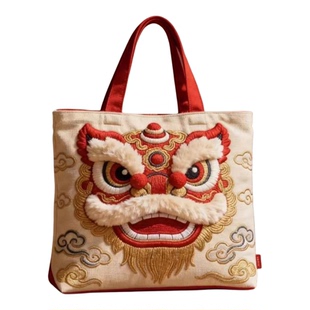 2026马年新年拜年包国潮醒狮双肩背包可爱民族风包袋男女孩斜挎包