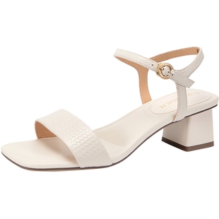 千百度粗中跟一字带凉鞋女夏季新款配裙子仙女风时装凉鞋舒适百搭