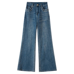 满天星亮闪闪带烫钻石微喇牛仔裤女冬季加绒高腰垂感小个子直筒裤