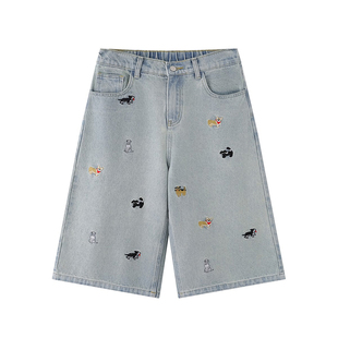 lemanism水洗小狗满印美式牛仔裤男2025夏季直筒裤子七分裤中裤女