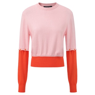 桑蚕丝羊毛拼接撞色针织长袖可拆卸袖子 粉橙色 新年穿搭