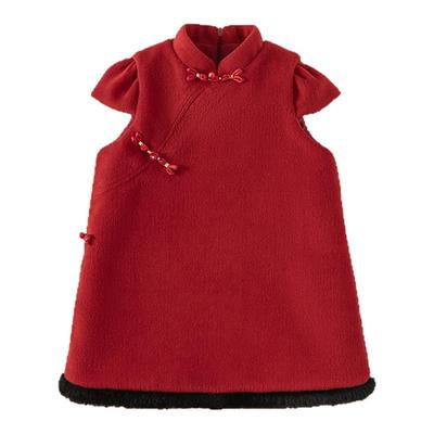 贝贝城新中式撞色毛边旗袍