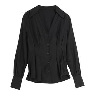 西町村屋法式气质感衬衫女春季新款复古V领收腰长袖衬衣AA9111009