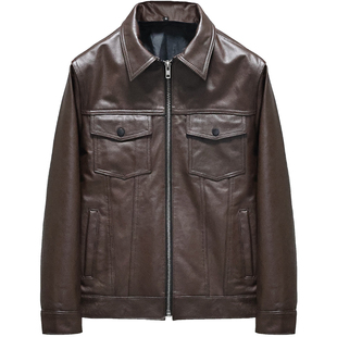 头层软牛皮真皮皮衣男修身短款翻领休闲牛仔夹克青年黑焦糖外套戈