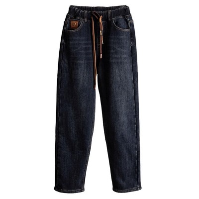 复古蓝特厚羊羔毛松紧腰牛仔裤女