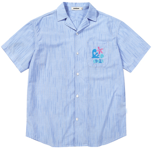 GUUKA蓝色条纹短袖衬衫男款纯棉 夏季字母刺绣衬衣西装领落肩外套