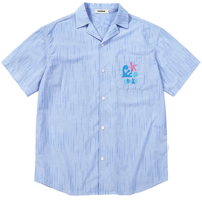 云旗同款GUUKA蓝色条纹短袖衬衫男纯棉 夏季刺绣衬衣西装领上衣女