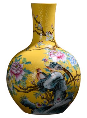 景德镇陶瓷花瓶仿古手绘扒花帝黄釉天球瓶中式博古架明清古典摆件