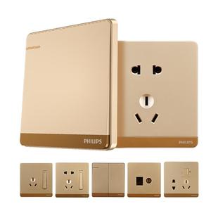 飞利浦香槟金86型开关一开五孔插座带usb家用16a空调面板暗装