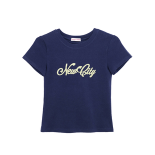 荒荒家 英文植绒短袖2025夏季新款圆领ins风修身美式字母T恤女