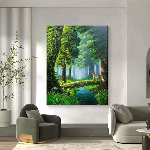 森林鹿回头手绘油画大树林风景装饰画客厅挂画小桥流水玄关肌理画