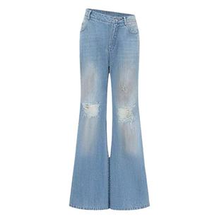 白鹿同款蓝色斜腰头破洞牛仔裤女破土风微喇宽松高腰阔腿长裤子潮