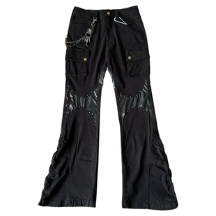 美式高街黑色PU皮拼接微喇牛仔裤男亚文化设计感直筒工装裤子秋冬