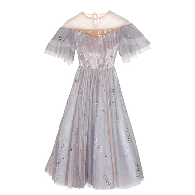 麦叙一字肩网纱亮片连衣裙