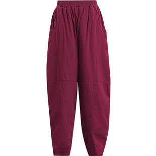 亚麻高腰棉裤女冬2025新款外穿夹棉加厚棉麻萝卜裤宽松中式灯笼裤