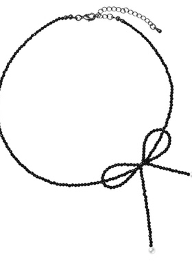 优娜柏丽黑色仿水晶串珠蝴蝶结锁骨链金属爱心项链珠链小众时尚