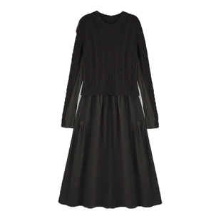 国际大牌连衣裙冬裙长袖针织连衣裙新款假两件拼接毛衣裙女冬季