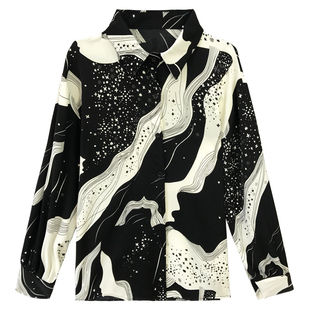 秋季韩版2023新款翻领灯笼长袖印花衬衣中长款衬衫女雪纺打底上衣