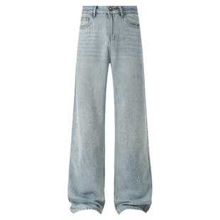 深蓝色满天星烫钻阔腿牛仔裤女2025新款冬高腰显瘦设计感拖地裤子