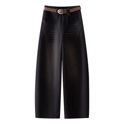 时尚加绒直筒弯刀牛仔裤女秋冬