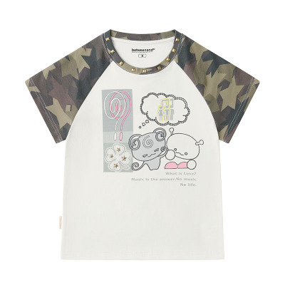 夏季迷彩插肩烫钻短袖T恤