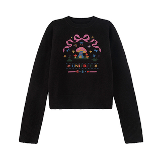 UNIFREE黑色糯米绒毛衣女蝴蝶结撞色韩版学院风甜美百搭显瘦上衣
