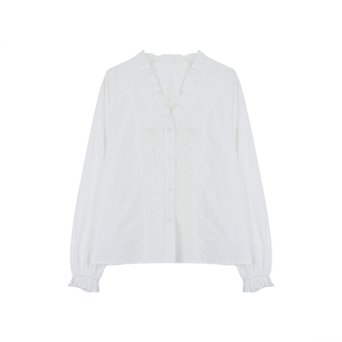 【南法白月光】法式白色衬衫高级感蕾丝花边V领长袖衬衣女秋冬