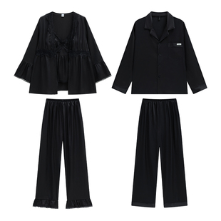 乐姿梦春夏季性感女三件套简约男款情侣冰丝睡衣带胸垫家居服套装