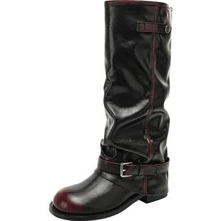 EBLAN/伊伴芒果头褶皱裤管骑士靴女2025秋季新款复古堆堆长筒靴子